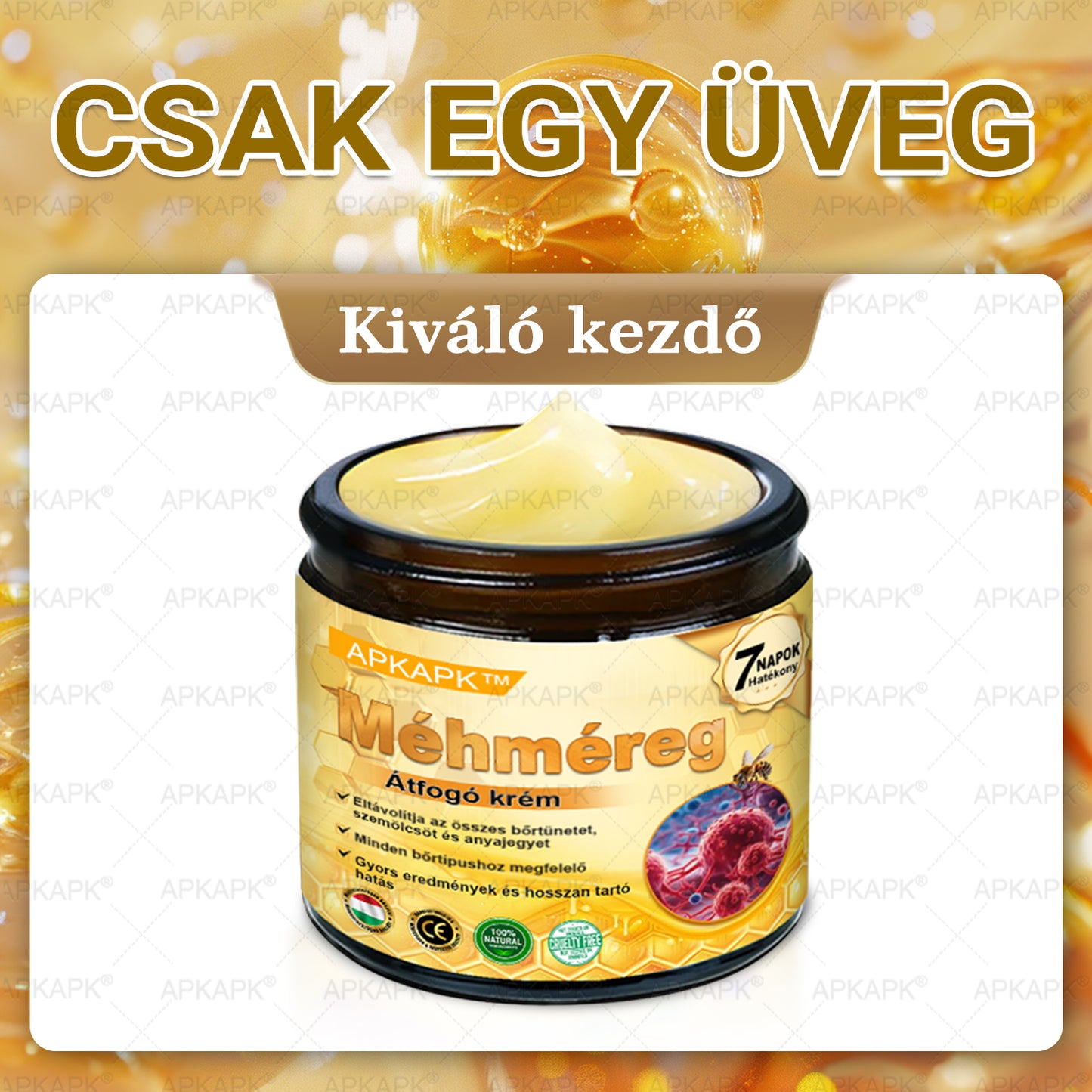 APKAPK®  Méhméreg krém a bőr megújítására 🐝 segít megoldani olyan bőrproblémákat, mint: ráncok, hegek, pigmentfoltok, striák, akné, pikkelysömör, ekcéma, bőrelváltozások, irritációk, gyulladások és egyéb bőrpanaszok.